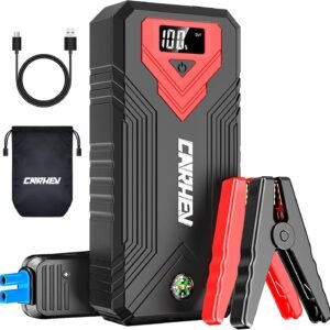 Arrancador de coches CARHEV 4000A 12V con pinzas inteligentes, cable USB, adaptador y bolsa de transporte