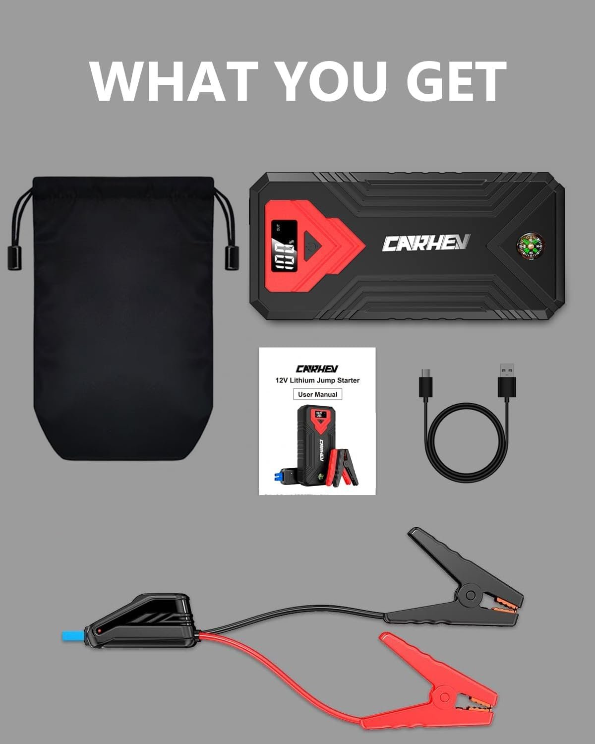 Contenido del arrancador CARHEV 4000A: equipo, cable de arranque, cable USB, bolsa y manual