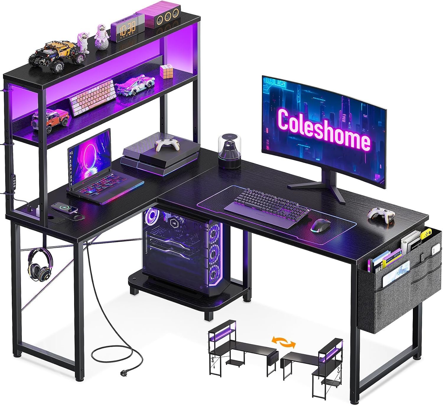 Escritorio gaming en L Coleshome 110x80cm con LED y enchufes integrados