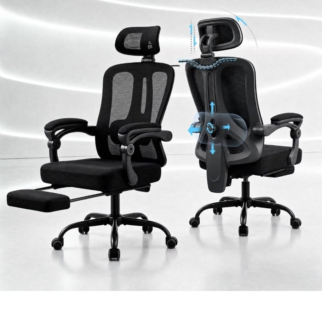 Silla de oficina ergonómica de malla con reposapiés y soporte lumbar, vista frontal