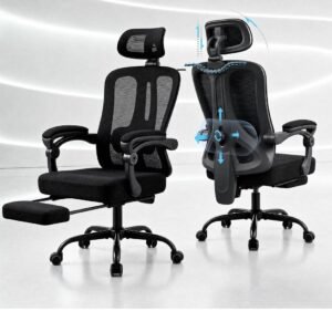 Silla de oficina ergonómica de malla con reposapiés y soporte lumbar, vista frontal
